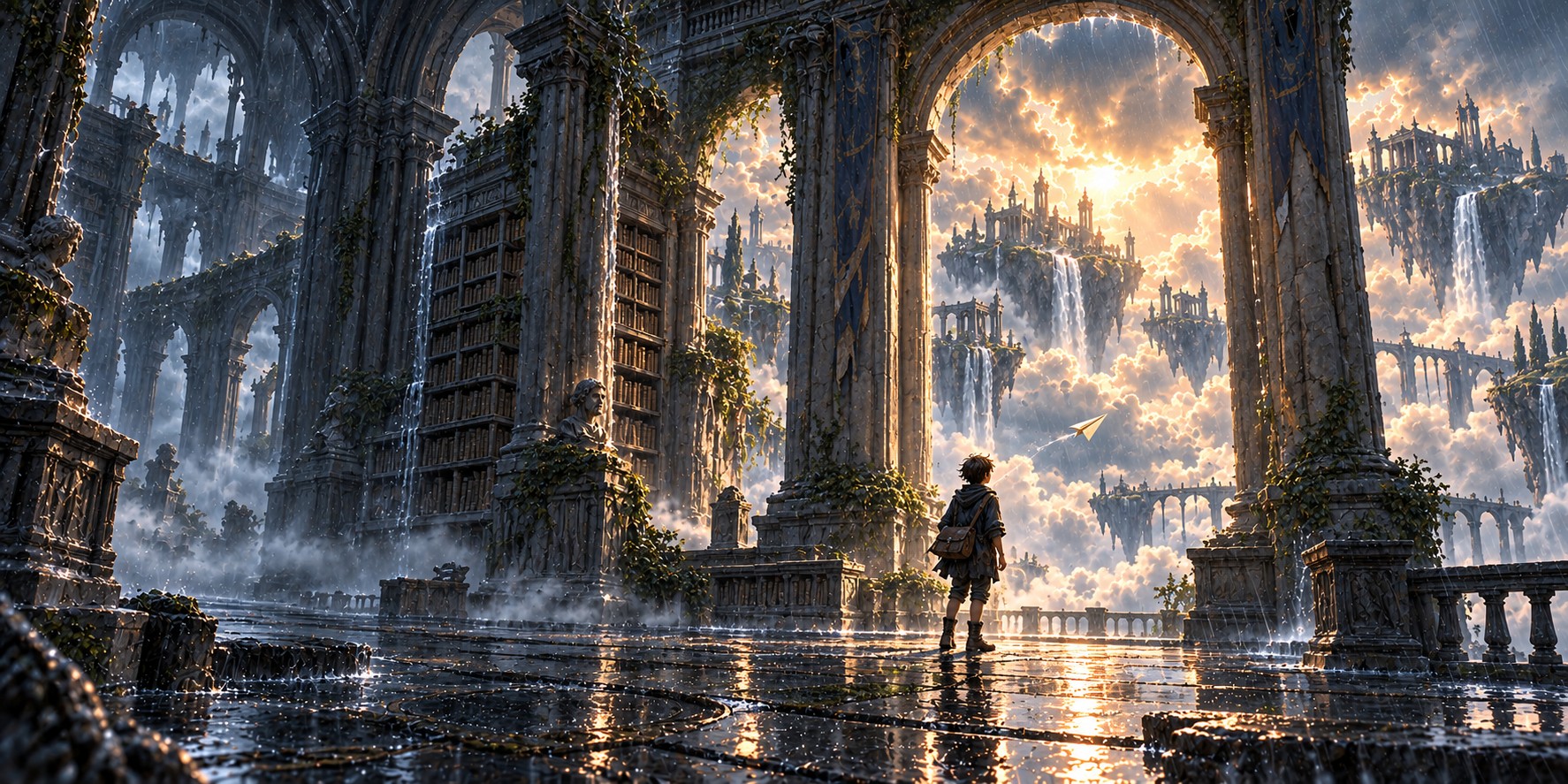 A young explorer watches a paper airplane cross an immense rain-washed Greek library toward sunlit floating sanctuaries.