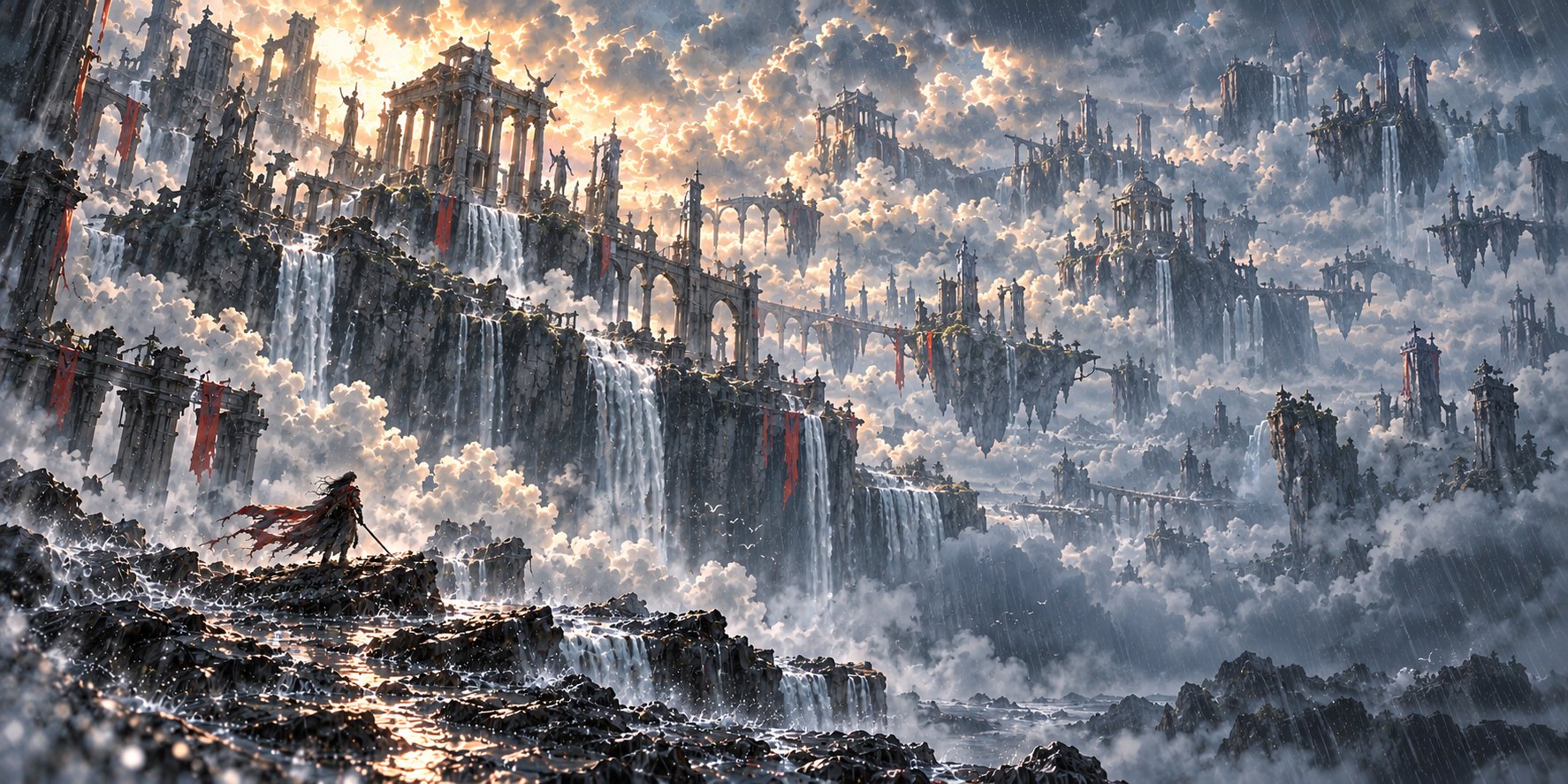 A traveler looks toward floating Greek sanctuary cities and waterfalls above a sea of clouds.